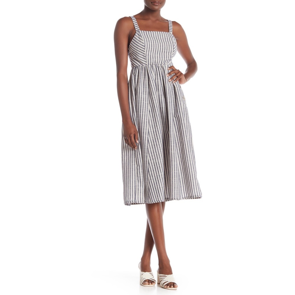 Striped Button Side Sleeveless Midi Dress